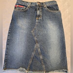 Vintage raw edged Hot Kiss denim skirt.